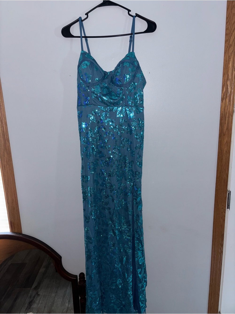 Teal Sequin Spaghetti-Strap Evening Dress